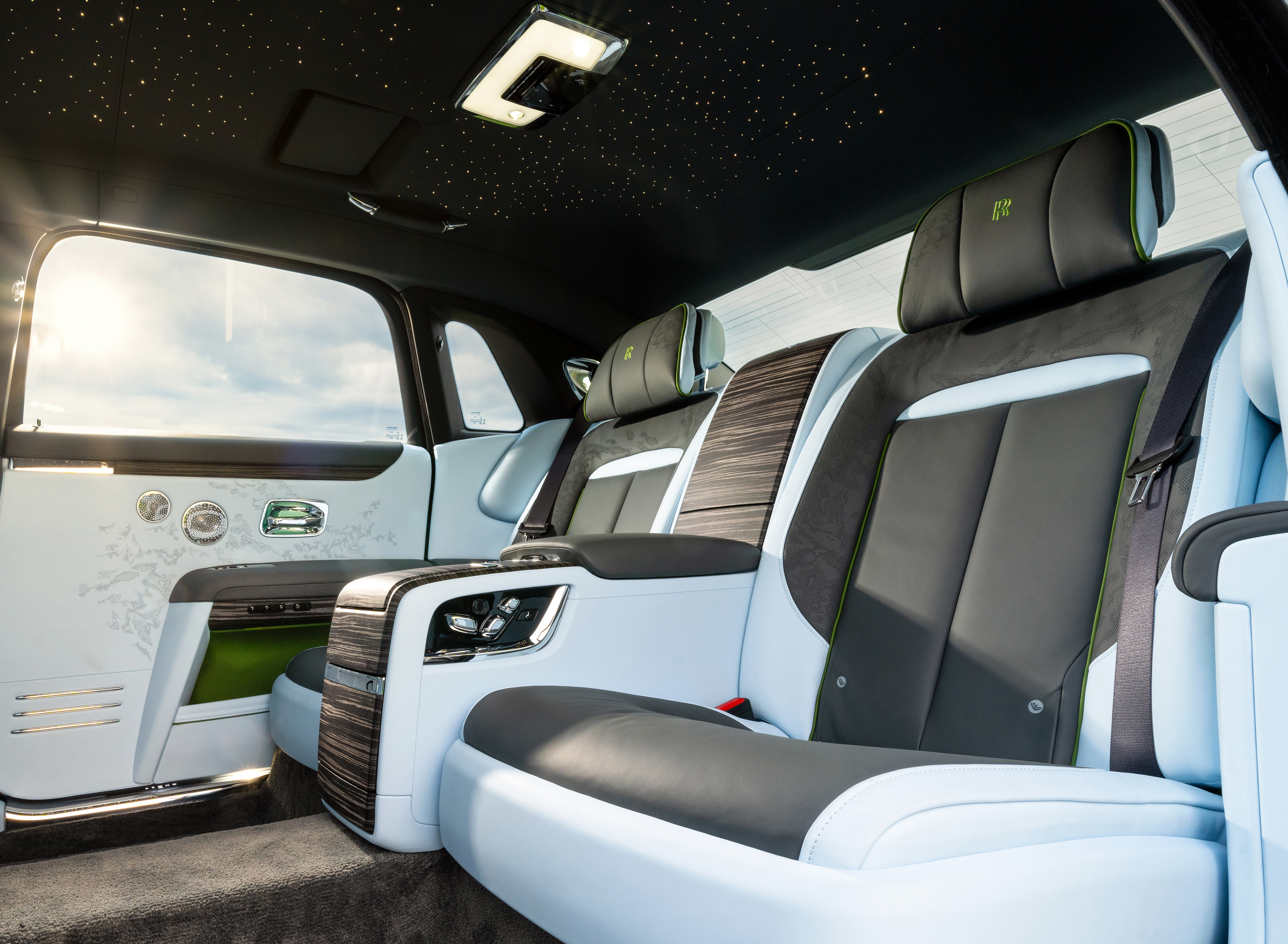 Interior view of a Rolls-Royce backseat.